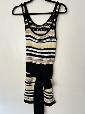 TOCCIN NY Crochet Striped Mini Dress with Wrap Around Belt Size S